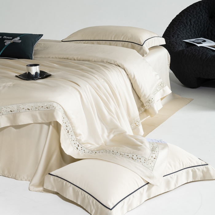 91家纺网 家纺一手货源 找家纺 （总）若未2025 新款珍珠镂空50S兰精天丝夏被四件套 花型（天丝珍珠镂空奥黛尔） 夏被四件套