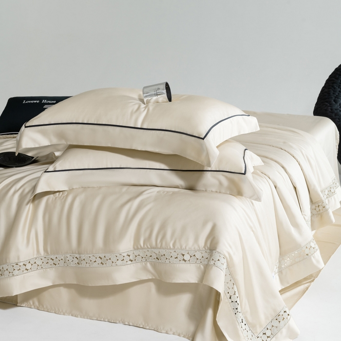 91家纺网 家纺一手货源 找家纺 （总）若未2025 新款珍珠镂空50S兰精天丝夏被四件套 花型（天丝珍珠镂空奥黛尔） 夏被四件套