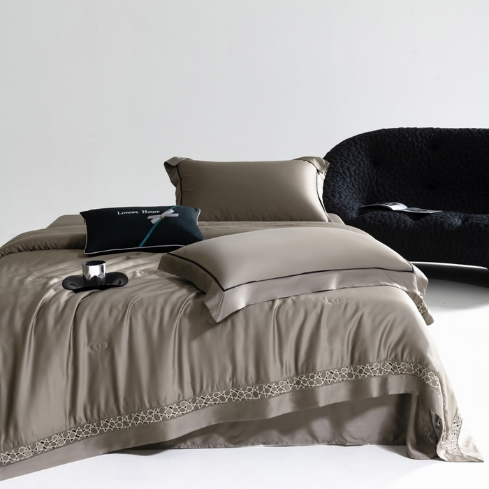 91家纺网 家纺一手货源 找家纺 若未2025 新款珍珠镂空50S兰精天丝夏被四件套 花型（天丝珍珠镂空奥黛尔） 夏被四件套 珍珠镂空奥黛尔 古铜棕