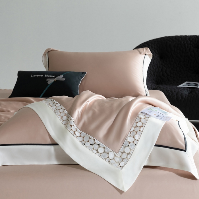 91家纺网 家纺一手货源 找家纺 若未2025 新款珍珠镂空50S兰精天丝夏被四件套 花型（天丝珍珠镂空奥黛尔） 夏被四件套 珍珠镂空奥黛尔 优雅粉