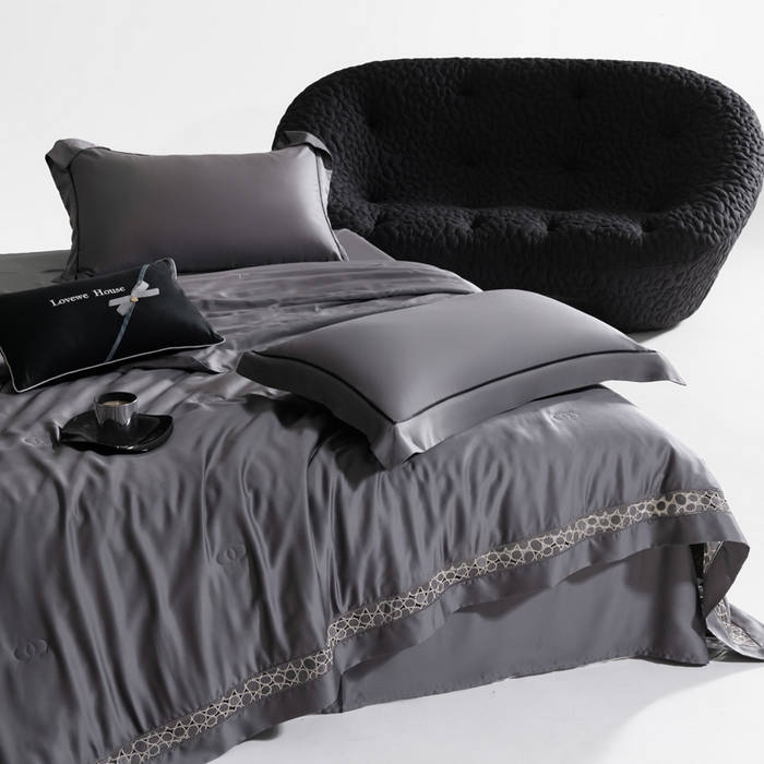 91家纺网 家纺一手货源 找家纺 若未2025 新款珍珠镂空50S兰精天丝夏被四件套 花型（天丝珍珠镂空奥黛尔） 夏被四件套  珍珠镂空奥黛尔 玄灰