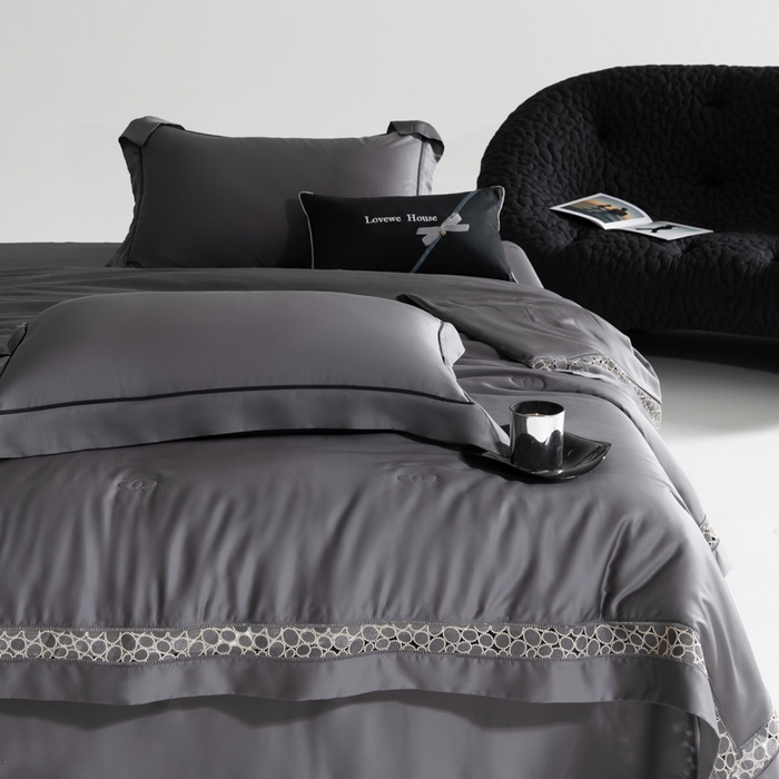若未2025 新款珍珠镂空50S兰精天丝夏被四件套 花型（天丝珍珠镂空奥黛尔） 夏被四件套  珍珠镂空奥黛尔 玄灰