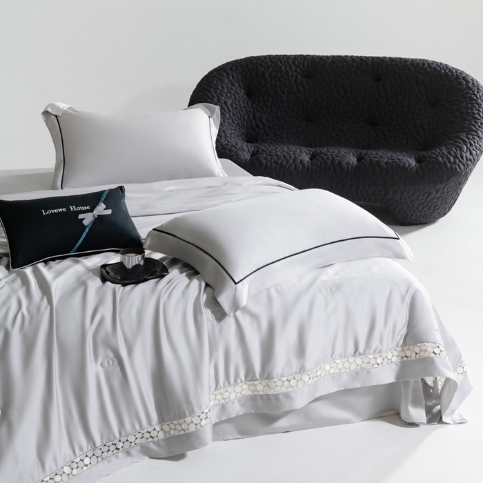 91家纺网 家纺一手货源 找家纺 若未2025 新款珍珠镂空50S兰精天丝夏被四件套 花型（天丝珍珠镂空奥黛尔） 夏被四件套 珍珠镂空奥黛尔 银灰