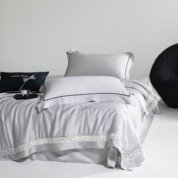 91家纺网 家纺一手货源 找家纺 若未2025 新款珍珠镂空50S兰精天丝夏被四件套 花型（天丝珍珠镂空奥黛尔） 夏被四件套 珍珠镂空奥黛尔 银灰