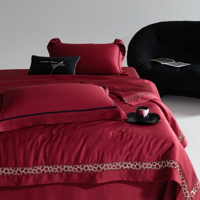 若未2025 新款珍珠镂空50S兰精天丝夏被四件套 花型（天丝珍珠镂空奥黛尔） 夏被四件套 珍珠镂空奥黛尔 贵族红