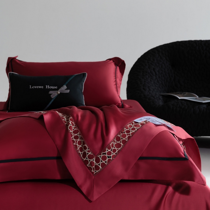 91家纺网 家纺一手货源 找家纺 若未2025 新款珍珠镂空50S兰精天丝夏被四件套 花型（天丝珍珠镂空奥黛尔） 夏被四件套 珍珠镂空奥黛尔 贵族红