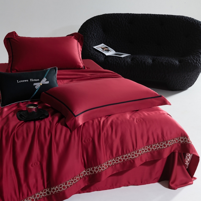 91家纺网 家纺一手货源 找家纺 若未2025 新款珍珠镂空50S兰精天丝夏被四件套 花型（天丝珍珠镂空奥黛尔） 夏被四件套 珍珠镂空奥黛尔 贵族红