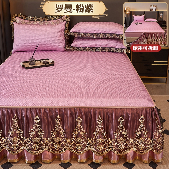 91家纺网 家纺一手货源 找家纺 罗艺轩 2025新款可拆卸床笠式床裙印花冰丝席 罗曼-粉紫