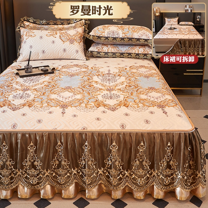 91家纺网 家纺一手货源 找家纺 罗艺轩 2025新款可拆卸床笠式床裙印花冰丝席 罗曼时光