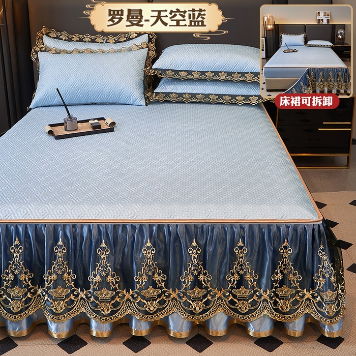 91家纺网 家纺一手货源 找家纺 罗艺轩 2025新款可拆卸床笠式床裙印花冰丝席 罗曼-天空蓝
