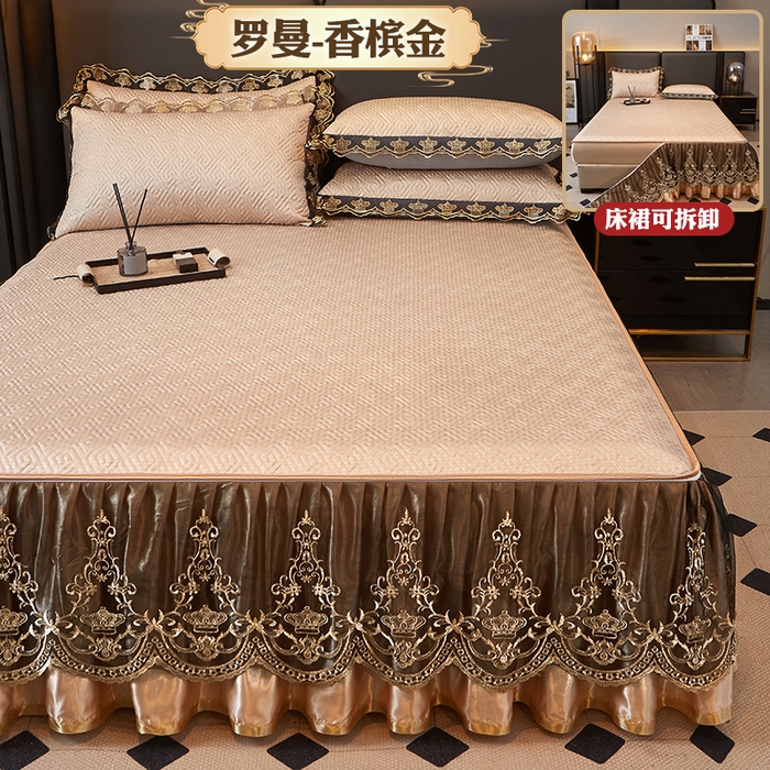 91家纺网 家纺一手货源 找家纺 罗艺轩 2025新款可拆卸床笠式床裙印花冰丝席 罗曼-香槟金