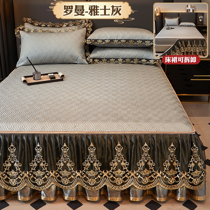 91家纺网 家纺一手货源 找家纺 罗艺轩 2025新款可拆卸床笠式床裙印花冰丝席 罗曼-雅士灰
