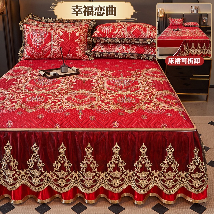 91家纺网 家纺一手货源 找家纺 罗艺轩 2025新款可拆卸床笠式床裙印花冰丝席 幸福恋曲