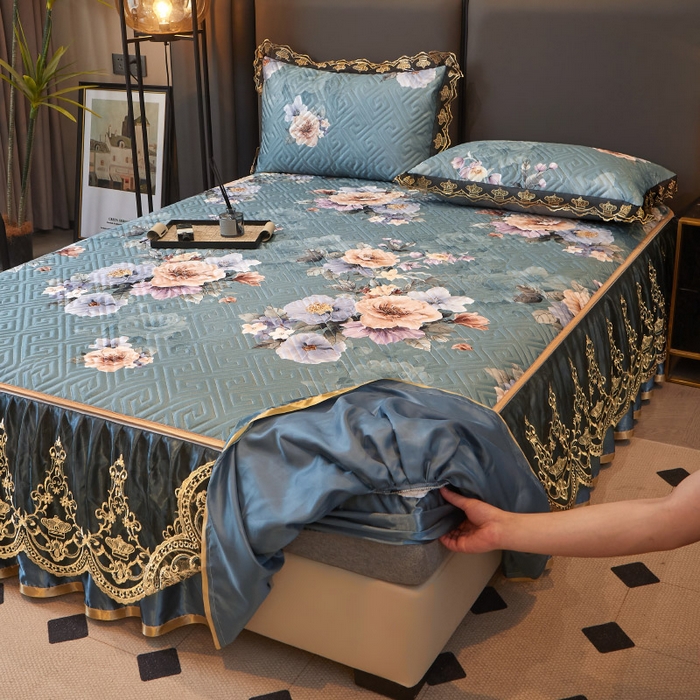 91家纺网 家纺一手货源 找家纺 罗艺轩 2025新款可拆卸床笠式床裙印花冰丝席 花满庭