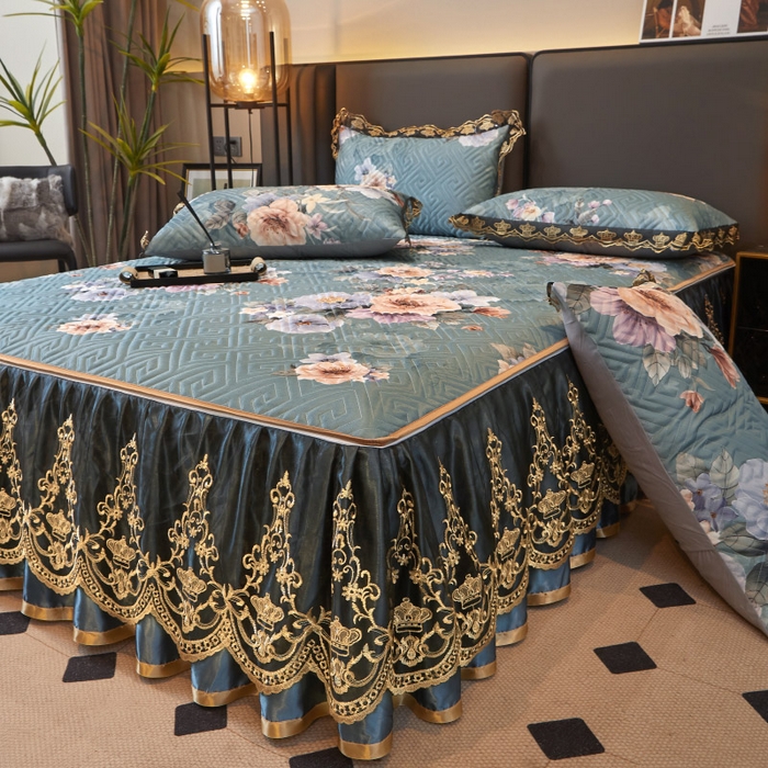 91家纺网 家纺一手货源 找家纺 罗艺轩 2025新款可拆卸床笠式床裙印花冰丝席 花满庭