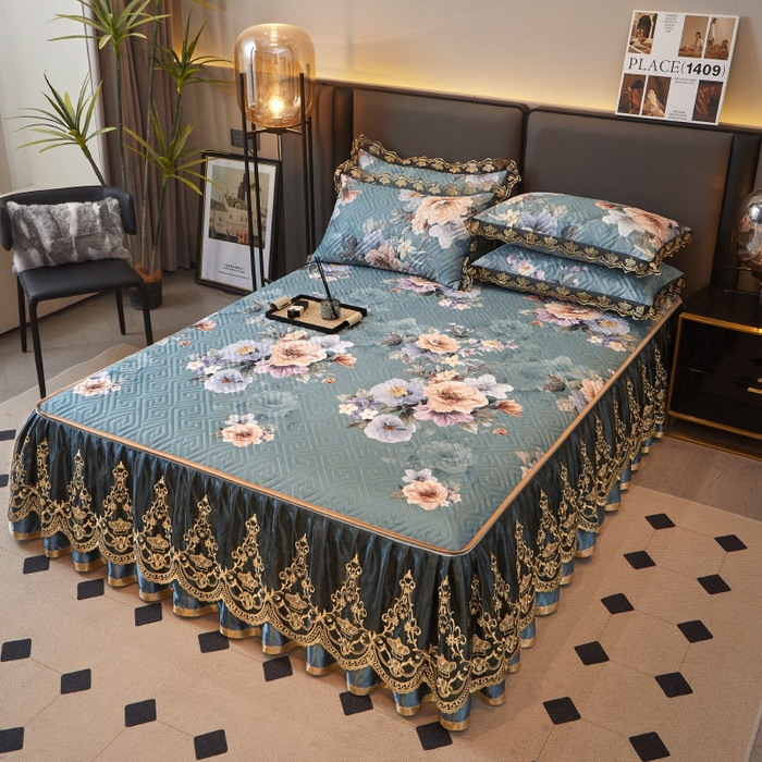 91家纺网 家纺一手货源 找家纺 罗艺轩 2025新款可拆卸床笠式床裙印花冰丝席 花满庭