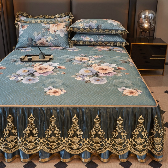 91家纺网 家纺一手货源 找家纺 罗艺轩 2025新款可拆卸床笠式床裙印花冰丝席 花满庭