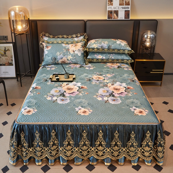 91家纺网 家纺一手货源 找家纺 罗艺轩 2025新款可拆卸床笠式床裙印花冰丝席 花满庭