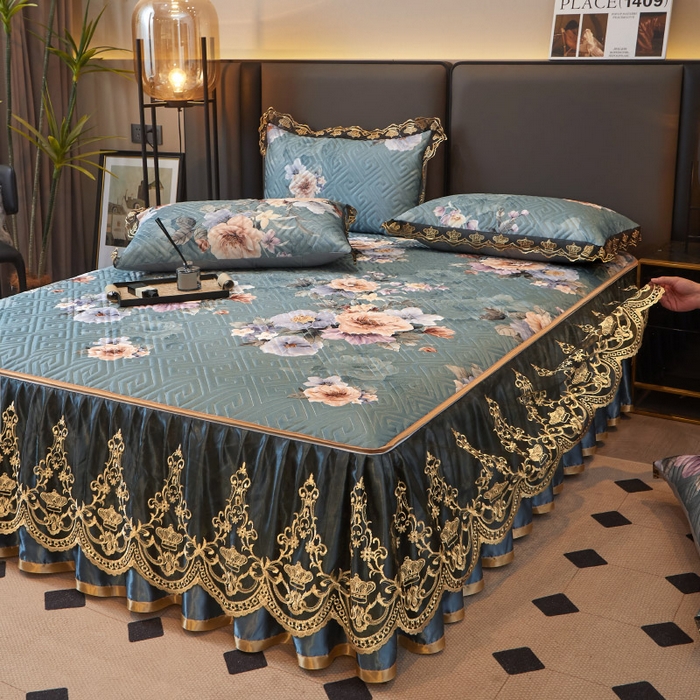 91家纺网 家纺一手货源 找家纺 罗艺轩 2025新款可拆卸床笠式床裙印花冰丝席 花满庭