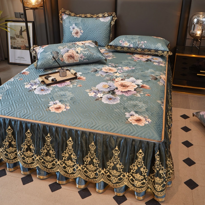 91家纺网 家纺一手货源 找家纺 罗艺轩 2025新款可拆卸床笠式床裙印花冰丝席 花满庭