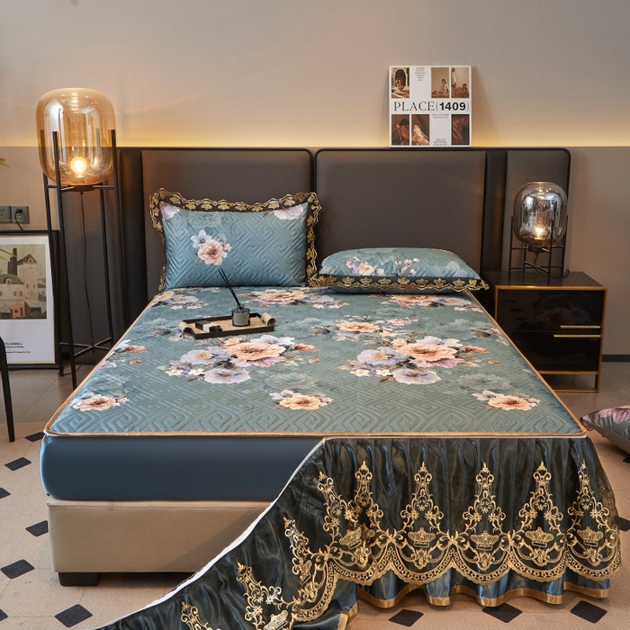 91家纺网 家纺一手货源 找家纺 罗艺轩 2025新款可拆卸床笠式床裙印花冰丝席 花满庭