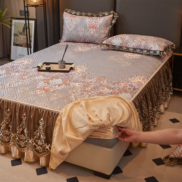 91家纺网 家纺一手货源 找家纺 罗艺轩 2025新款可拆卸床笠式床裙印花冰丝席 锦绣风尚