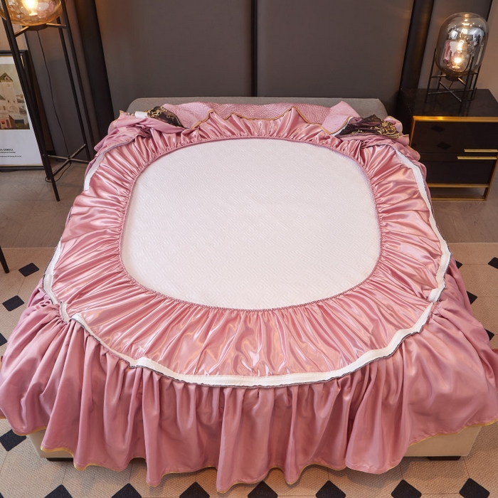 91家纺网 家纺一手货源 找家纺 罗艺轩 2025新款可拆卸床笠式床裙印花冰丝席 罗曼-粉紫