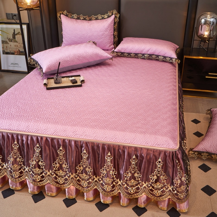 91家纺网 家纺一手货源 找家纺 罗艺轩 2025新款可拆卸床笠式床裙印花冰丝席 罗曼-粉紫