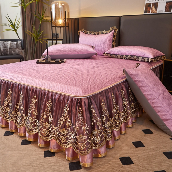 91家纺网 家纺一手货源 找家纺 罗艺轩 2025新款可拆卸床笠式床裙印花冰丝席 罗曼-粉紫