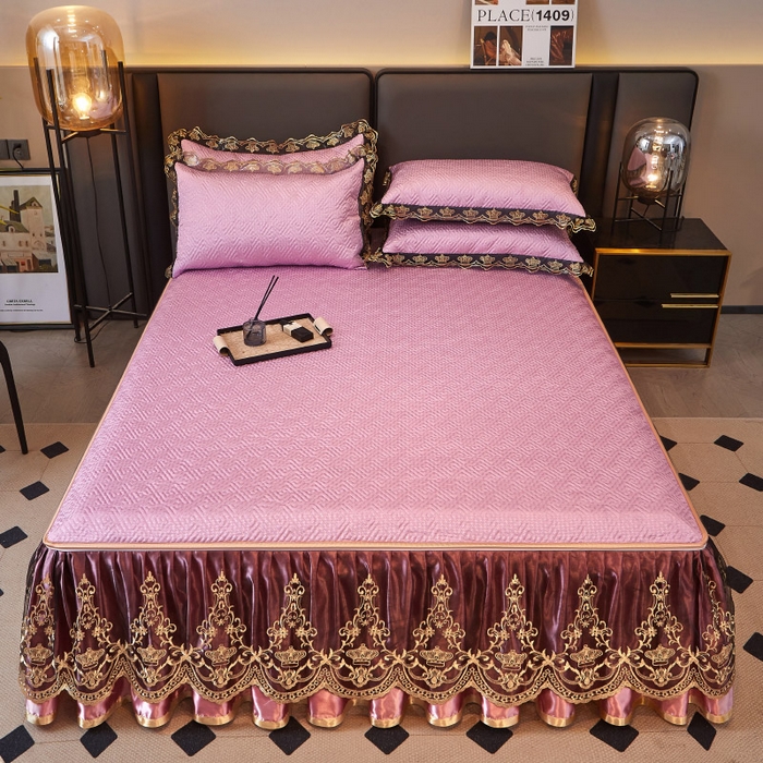 91家纺网 家纺一手货源 找家纺 罗艺轩 2025新款可拆卸床笠式床裙印花冰丝席 罗曼-粉紫