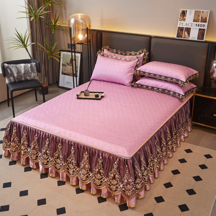 91家纺网 家纺一手货源 找家纺 罗艺轩 2025新款可拆卸床笠式床裙印花冰丝席 罗曼-粉紫