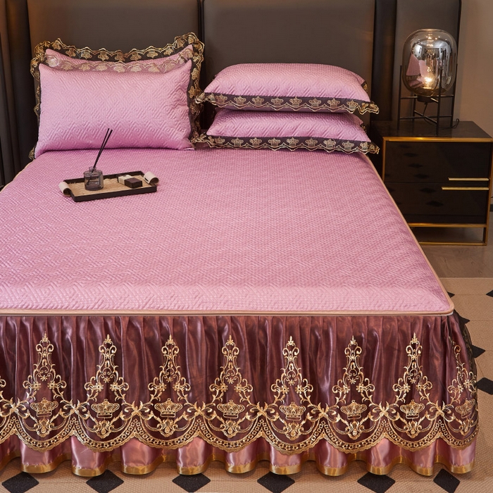 91家纺网 家纺一手货源 找家纺 罗艺轩 2025新款可拆卸床笠式床裙印花冰丝席 罗曼-粉紫