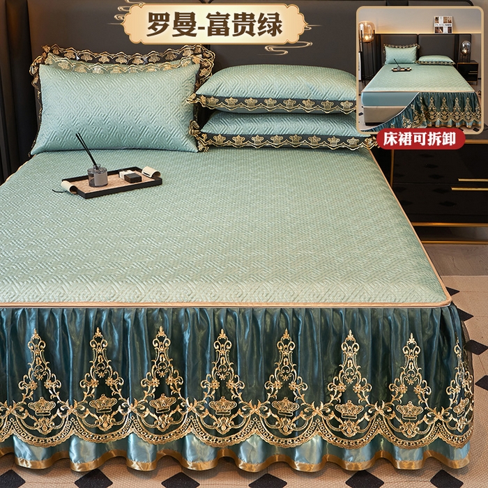 罗艺轩 2025新款可拆卸床笠式床裙印花冰丝席 罗曼-富贵绿