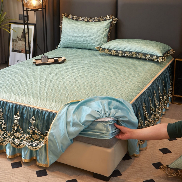 91家纺网 家纺一手货源 找家纺 罗艺轩 2025新款可拆卸床笠式床裙印花冰丝席 罗曼-富贵绿