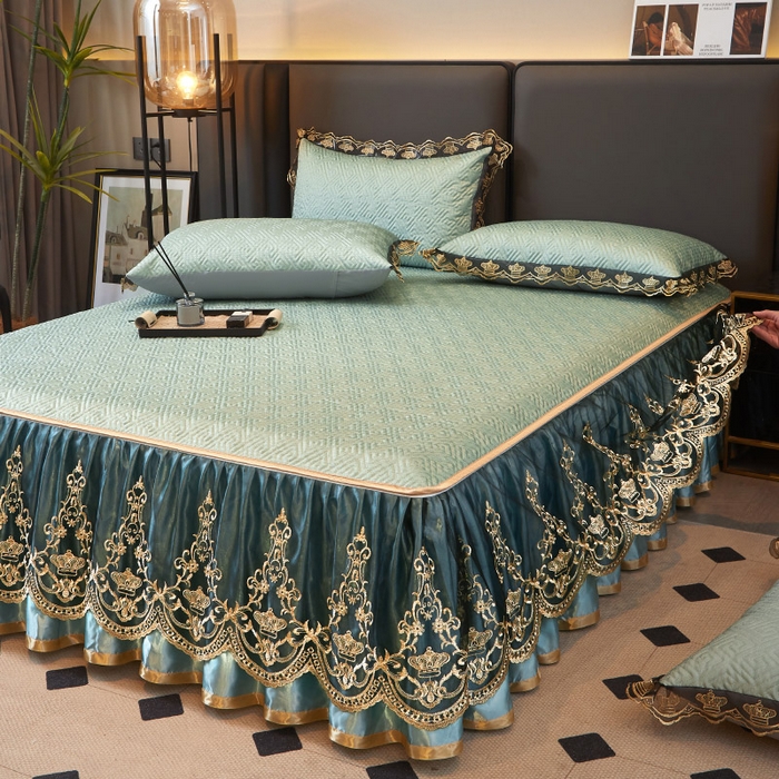 91家纺网 家纺一手货源 找家纺 罗艺轩 2025新款可拆卸床笠式床裙印花冰丝席 罗曼-富贵绿