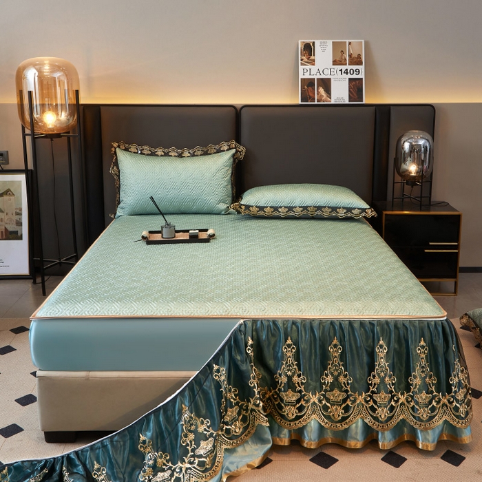 91家纺网 家纺一手货源 找家纺 罗艺轩 2025新款可拆卸床笠式床裙印花冰丝席 罗曼-富贵绿