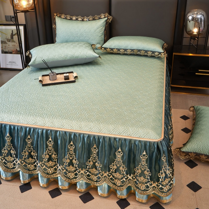 91家纺网 家纺一手货源 找家纺 罗艺轩 2025新款可拆卸床笠式床裙印花冰丝席 罗曼-富贵绿