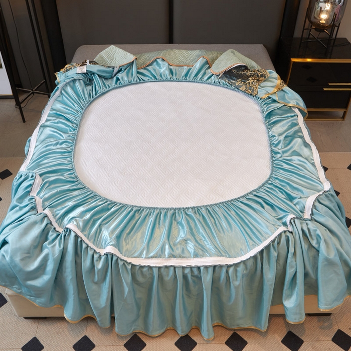 91家纺网 家纺一手货源 找家纺 罗艺轩 2025新款可拆卸床笠式床裙印花冰丝席 罗曼-富贵绿