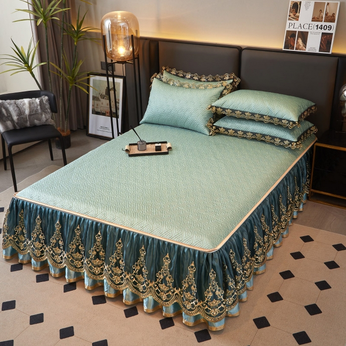 91家纺网 家纺一手货源 找家纺 罗艺轩 2025新款可拆卸床笠式床裙印花冰丝席 罗曼-富贵绿