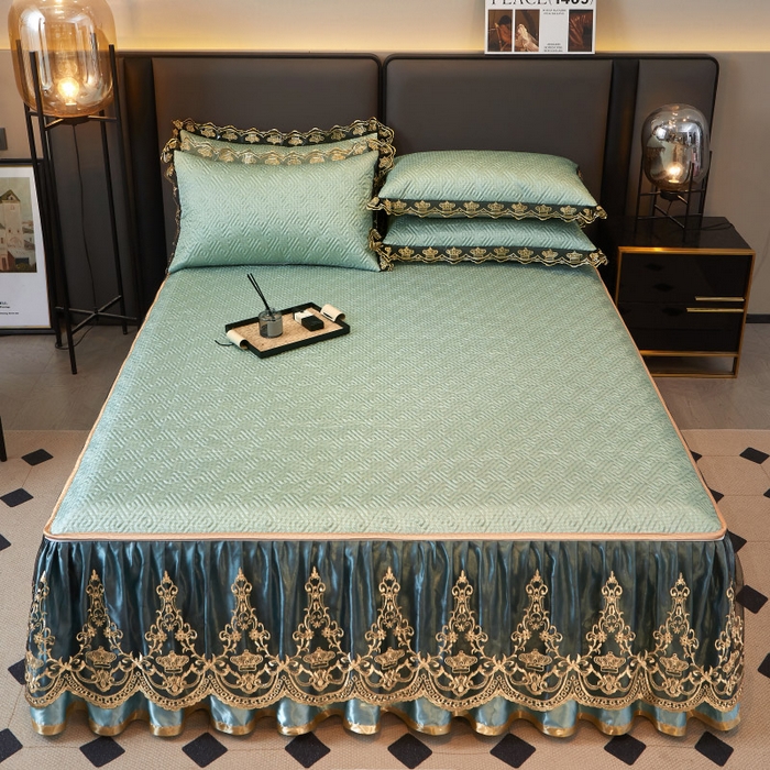 91家纺网 家纺一手货源 找家纺 罗艺轩 2025新款可拆卸床笠式床裙印花冰丝席 罗曼-富贵绿