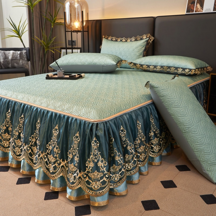 91家纺网 家纺一手货源 找家纺 罗艺轩 2025新款可拆卸床笠式床裙印花冰丝席 罗曼-富贵绿