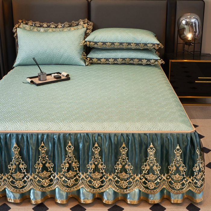 91家纺网 家纺一手货源 找家纺 罗艺轩 2025新款可拆卸床笠式床裙印花冰丝席 罗曼-富贵绿