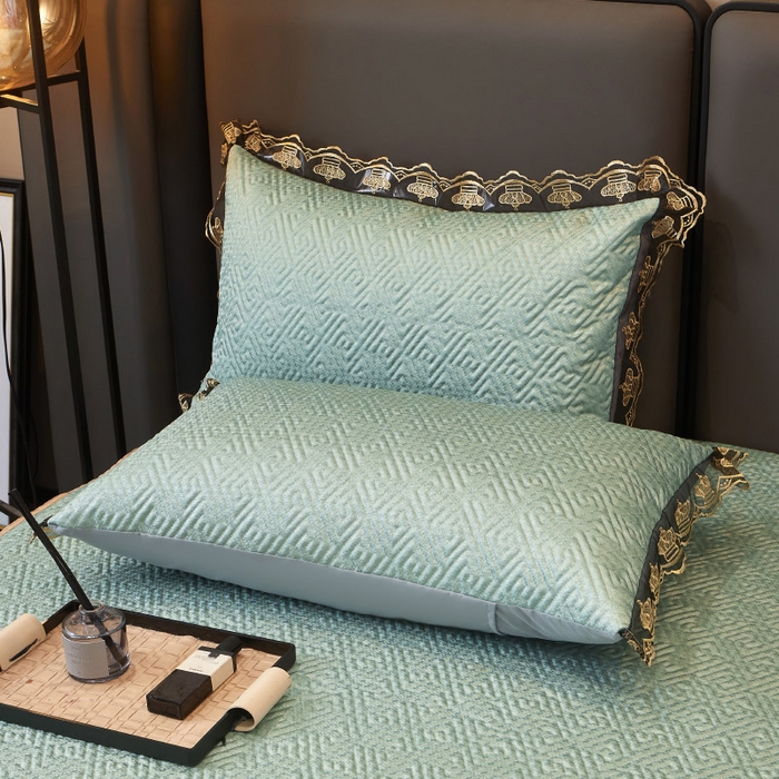 91家纺网 家纺一手货源 找家纺 罗艺轩 2025新款可拆卸床笠式床裙印花冰丝席 罗曼-富贵绿