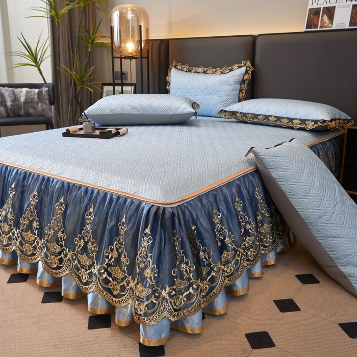 91家纺网 家纺一手货源 找家纺 罗艺轩 2025新款可拆卸床笠式床裙印花冰丝席 罗曼-天空蓝