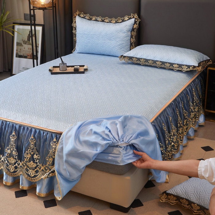 91家纺网 家纺一手货源 找家纺 罗艺轩 2025新款可拆卸床笠式床裙印花冰丝席 罗曼-天空蓝