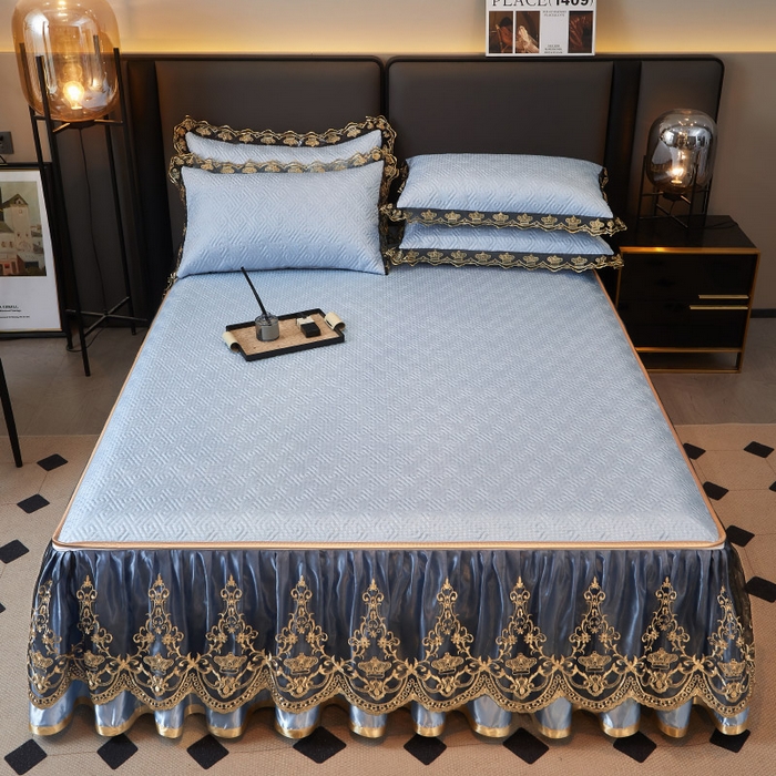 91家纺网 家纺一手货源 找家纺 罗艺轩 2025新款可拆卸床笠式床裙印花冰丝席 罗曼-天空蓝