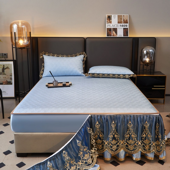 91家纺网 家纺一手货源 找家纺 罗艺轩 2025新款可拆卸床笠式床裙印花冰丝席 罗曼-天空蓝