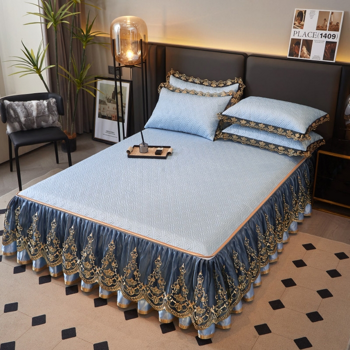 91家纺网 家纺一手货源 找家纺 罗艺轩 2025新款可拆卸床笠式床裙印花冰丝席 罗曼-天空蓝