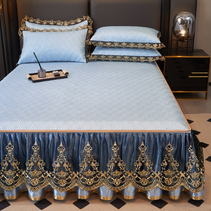 91家纺网 家纺一手货源 找家纺 罗艺轩 2025新款可拆卸床笠式床裙印花冰丝席 罗曼-天空蓝