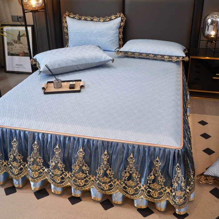 91家纺网 家纺一手货源 找家纺 罗艺轩 2025新款可拆卸床笠式床裙印花冰丝席 罗曼-天空蓝